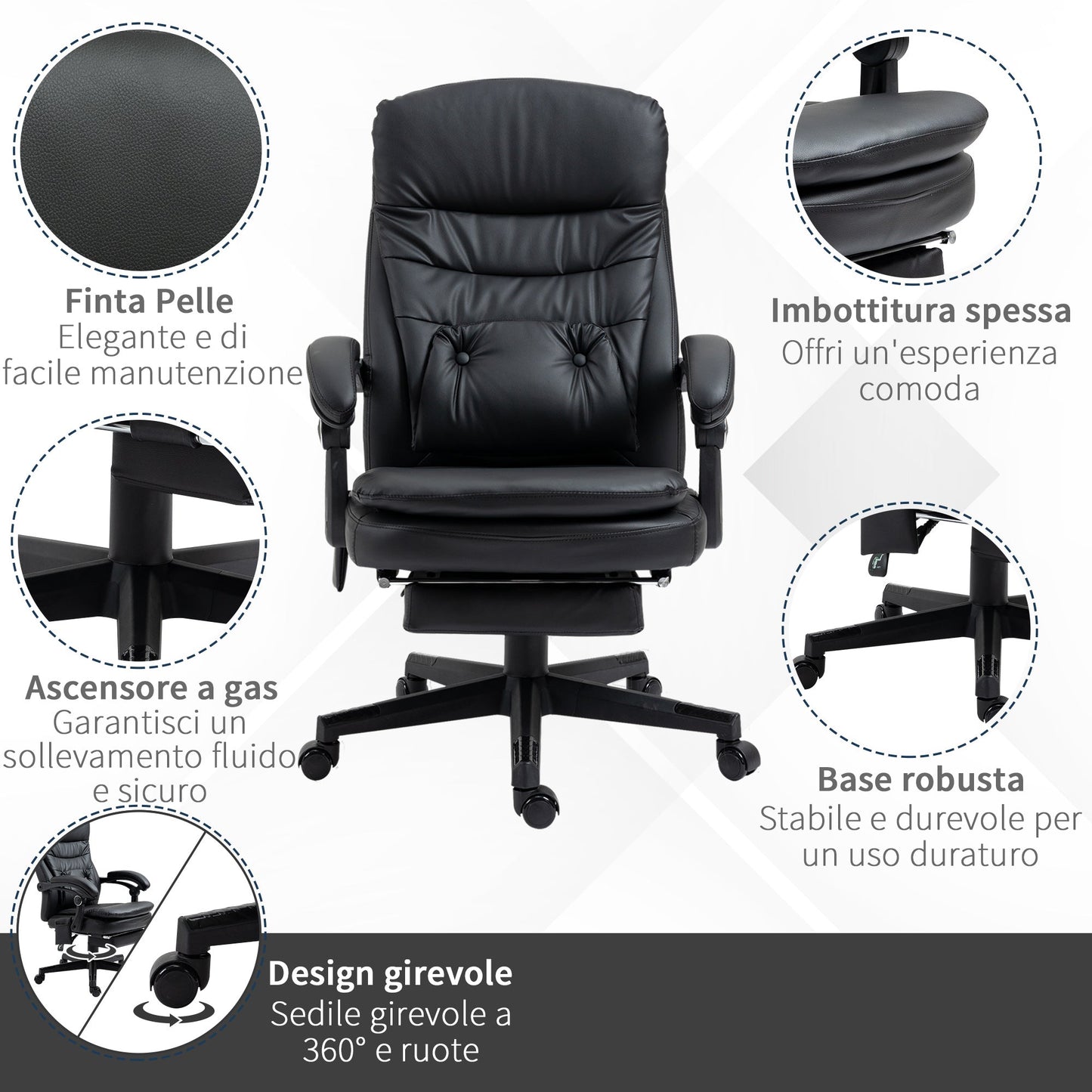 Faux Leather Massage Office Chair with USB Port, 64x69x107-115cm, Black