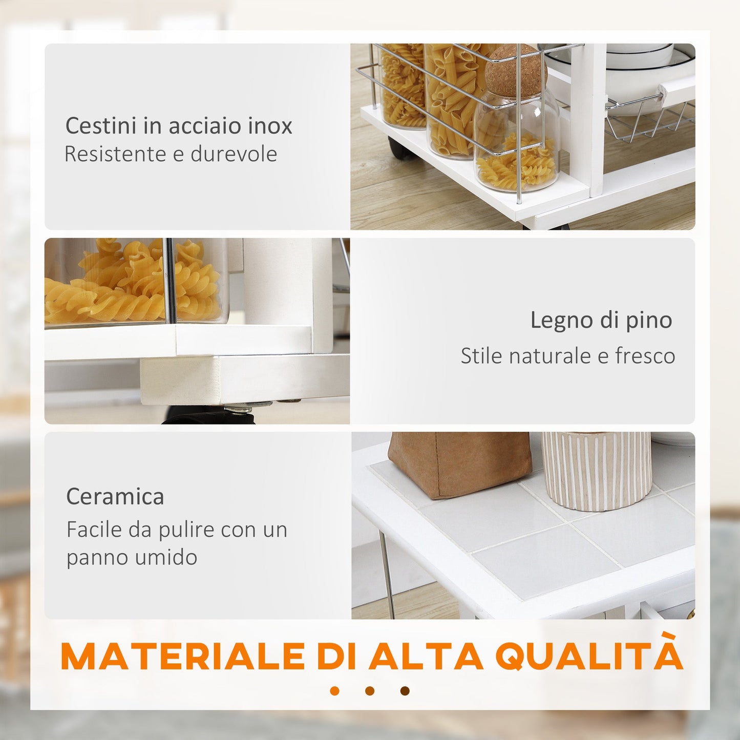 Kitchen Trolley with Drawer, 4 Baskets and 4 Shelves, in Metal, Ceramic and Wood, 57x37x83 cm, White