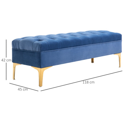 Upholstered Bench Bed Base in Velvet Fabric and Gold Metal Base, 118x45x42 cm, Blue
