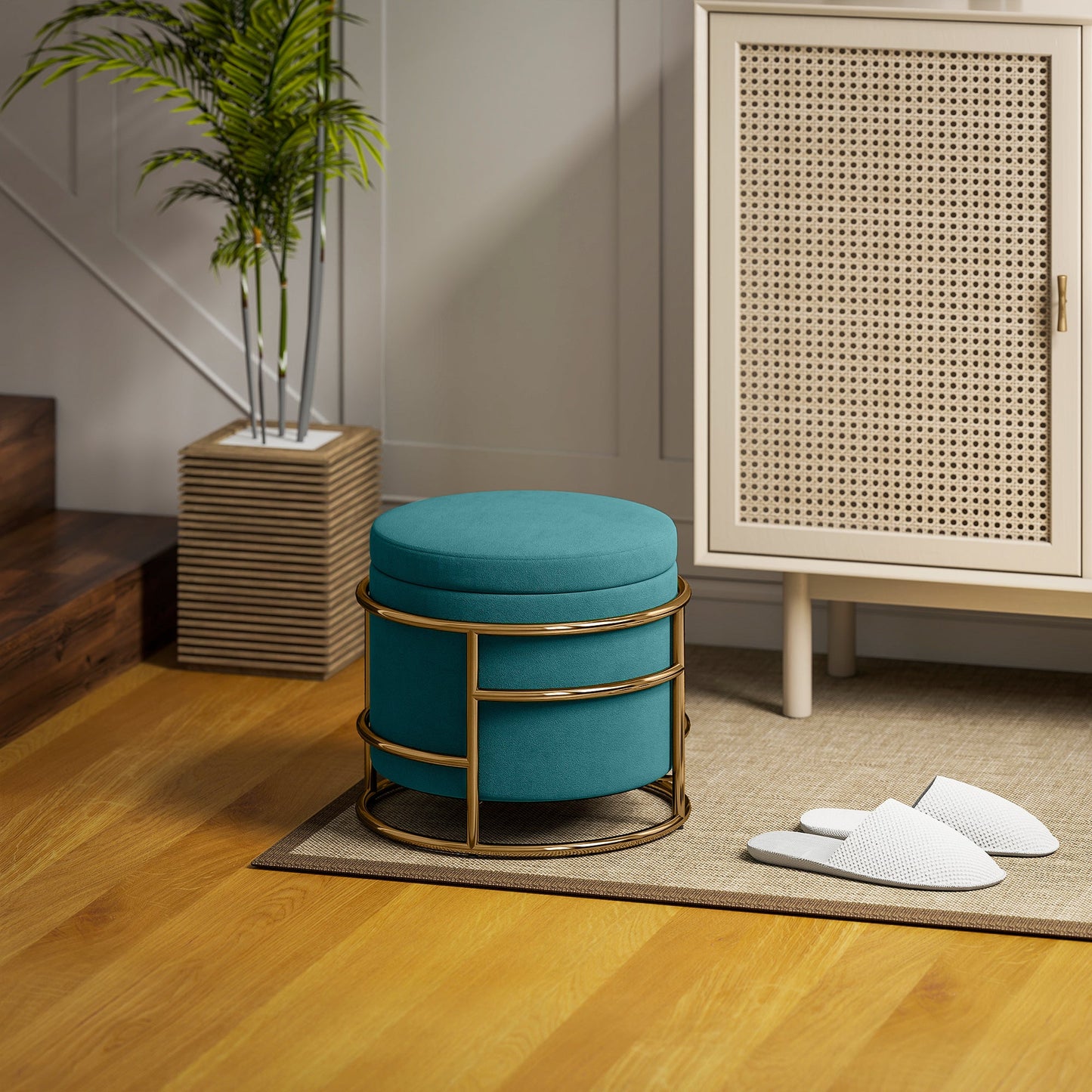 Round Velvet Storage Ottoman with 24L Compartment and Removable Lid, Ø42x39 cm, Green