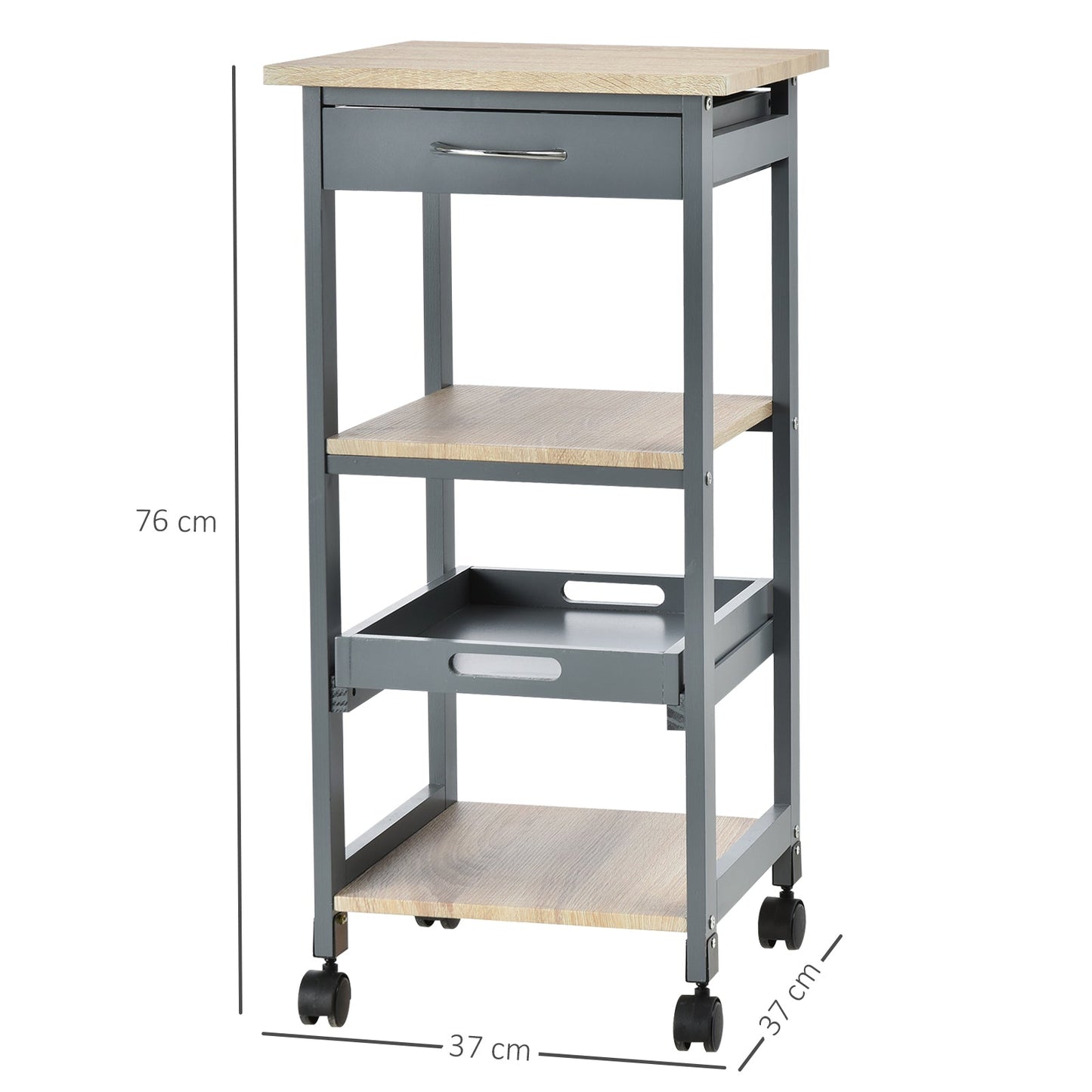 Kitchen Trolley Food Cart with Drawer, 2 Shelves and Pull-Out Tray, 37x37x76cm, Grey