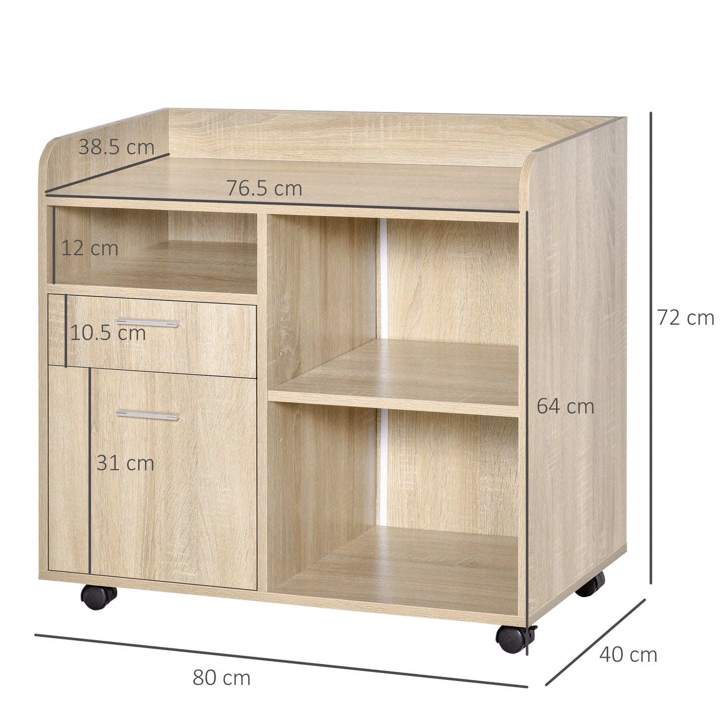 Multi-Use Printer Stand, Office Cabinet, Low Cabinet, Multipurpose Cabinet with 4 Wheels, Oak, 80x40x72cm