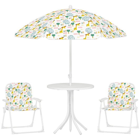 Garden Set for Children 2-5 Years with Round Table, 2 Folding Chairs and a Parasol, White
