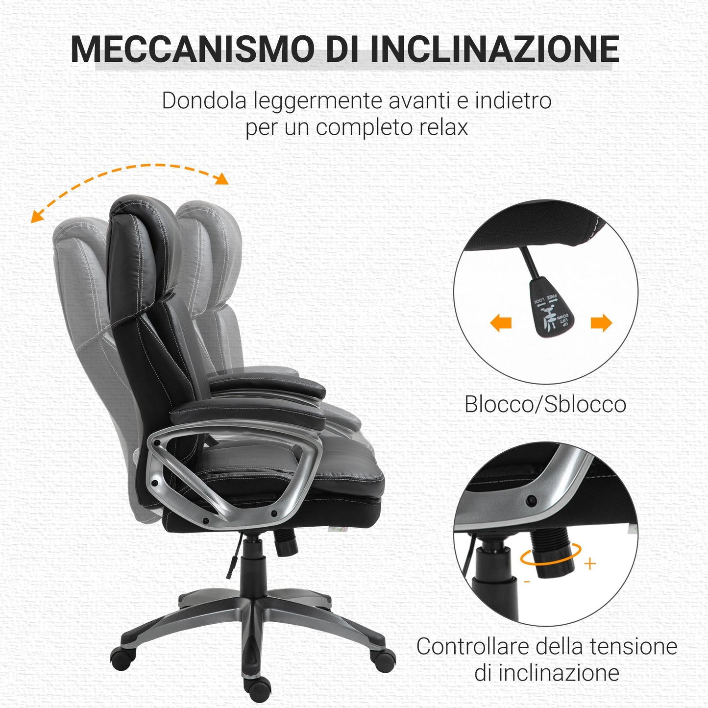 Ergonomic office armchair with headrest, adjustable height and swing, swivel chair with wheels, 68x76x117-125cm, black
