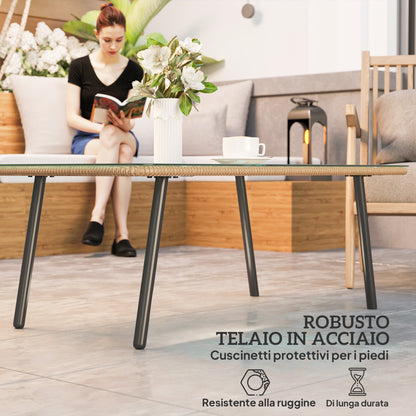 PE Rattan Garden Table with Glass and Steel Top, 110x60x40 cm, Natural Wood