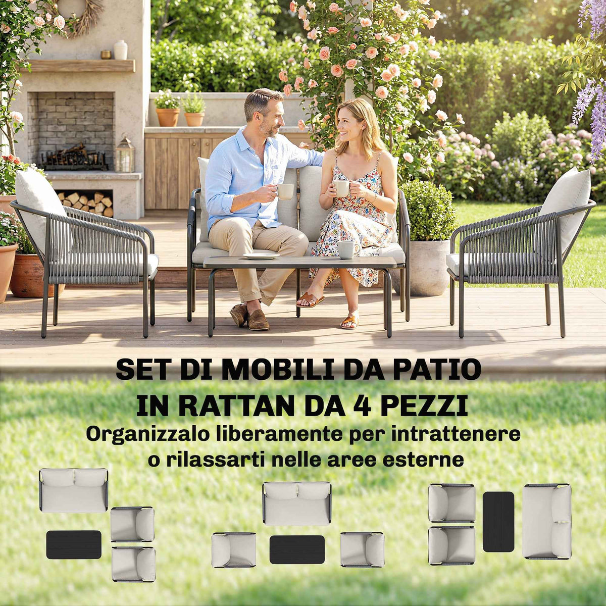 Outsunny 4-Piece Rattan Garden Set with Sofa, Armchairs, and Table, Khaki