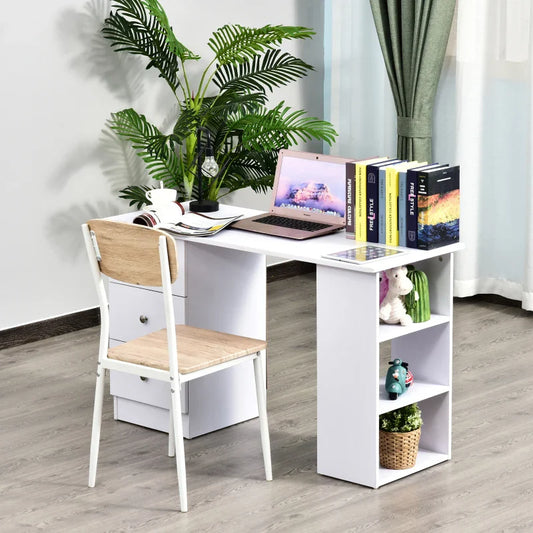 Computer Desk for Bedroom and Office with Drawer Unit and Wooden Storage Shelves 120x49x72cm White