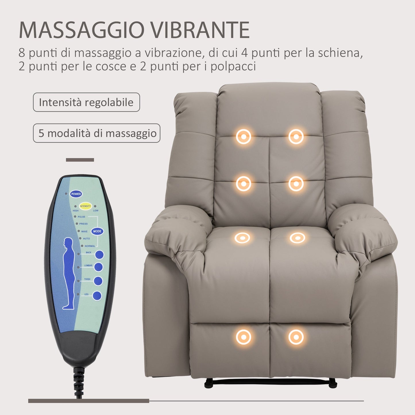 Relax Armchair with 8 Massage Points and 165° Reclining in Faux Leather, Grey