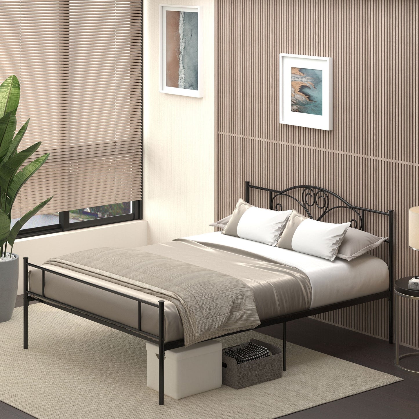 Double Bed Frame in Steel with Integrated Slats, Headboard and Footboard, 160x200cm