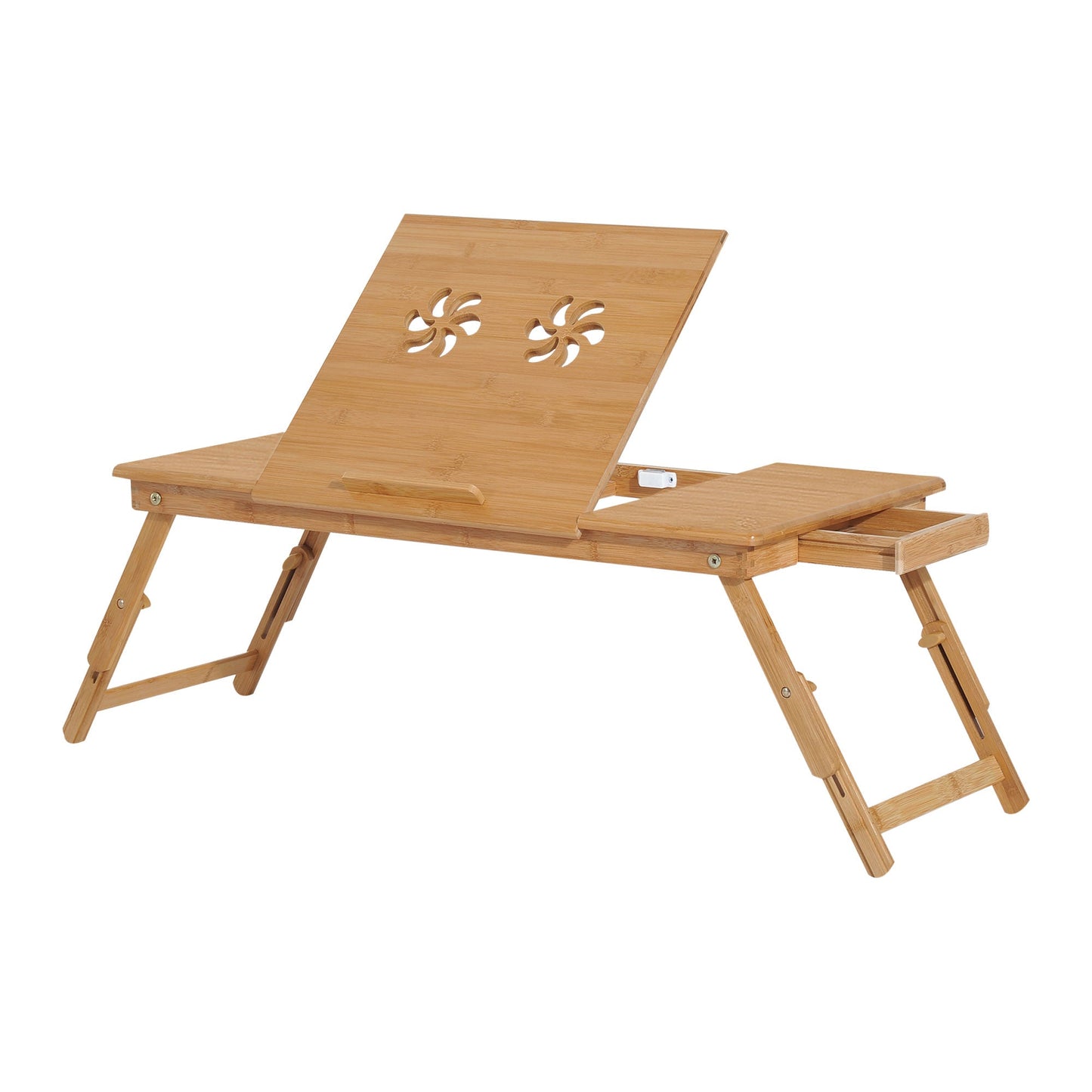 Folding and Tilting PC Bed Table with Drawer, 72x35x22-30, Wood Color