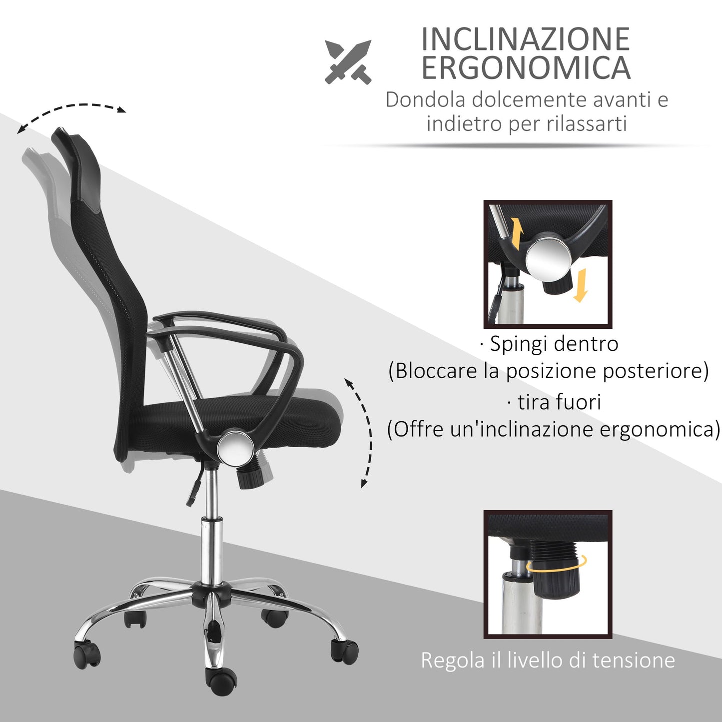 Ergonomic Office Chair Swivel and Rocking with Wheels, Adjustable Height and Mesh Backrest, 63x65x109-119 cm, Black