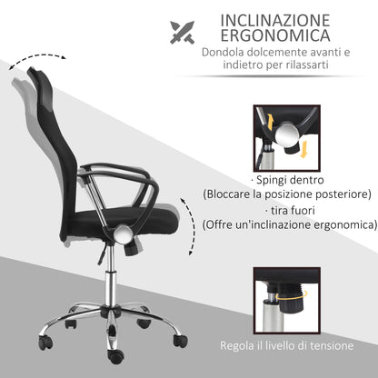 Ergonomic Office Chair Swivel and Rocking with Wheels, Adjustable Height and Mesh Backrest, 63x65x109-119 cm, Black