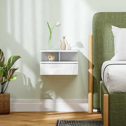 Floating Nightstand for Bedroom with Drawer and Open Shelf in Wood, 35x32x22.5 cm, White