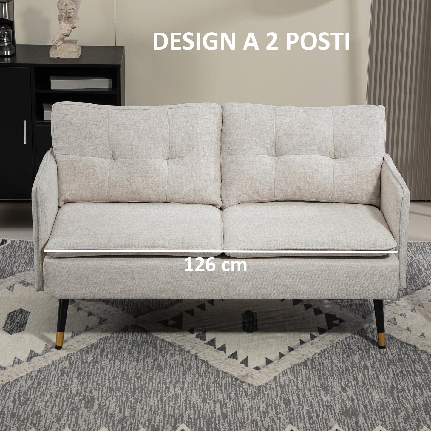 2-Seater Sofa in Linen Effect Fabric with Steel Legs and Padded Cushions, 139x68x80 cm, Cream White