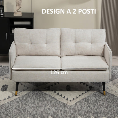 2-Seater Sofa in Linen Effect Fabric with Steel Legs and Padded Cushions, 139x68x80 cm, Cream White