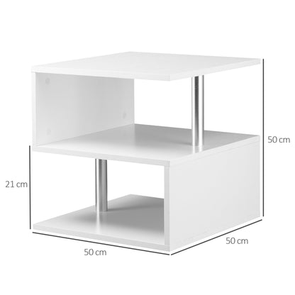 Coffee Table, White Coffee Table, Modern Design, Large Surface, Two Shelves, S-Shaped, Made of Wood and Iron, 50 x 50 x 50cm, White