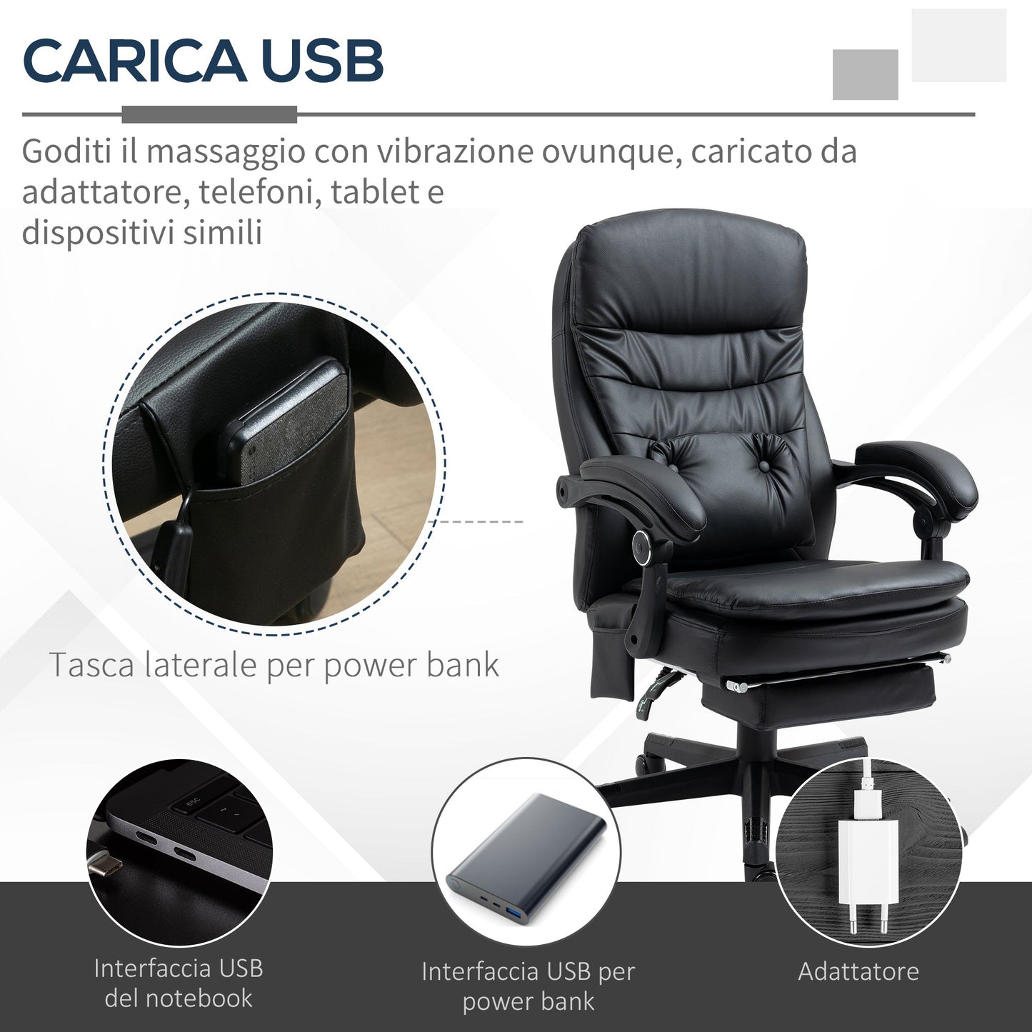 Faux Leather Massage Office Chair with USB Port, 64x69x107-115cm, Black
