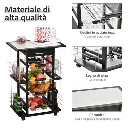 Kitchen Trolley with Drawer, 4 Pull-Out Fruit Baskets and Ceramic Top, Space-Saving Kitchen Cart with 4 Side Shelves in Pine Wood and Metal, 57x37x83 cm, Black