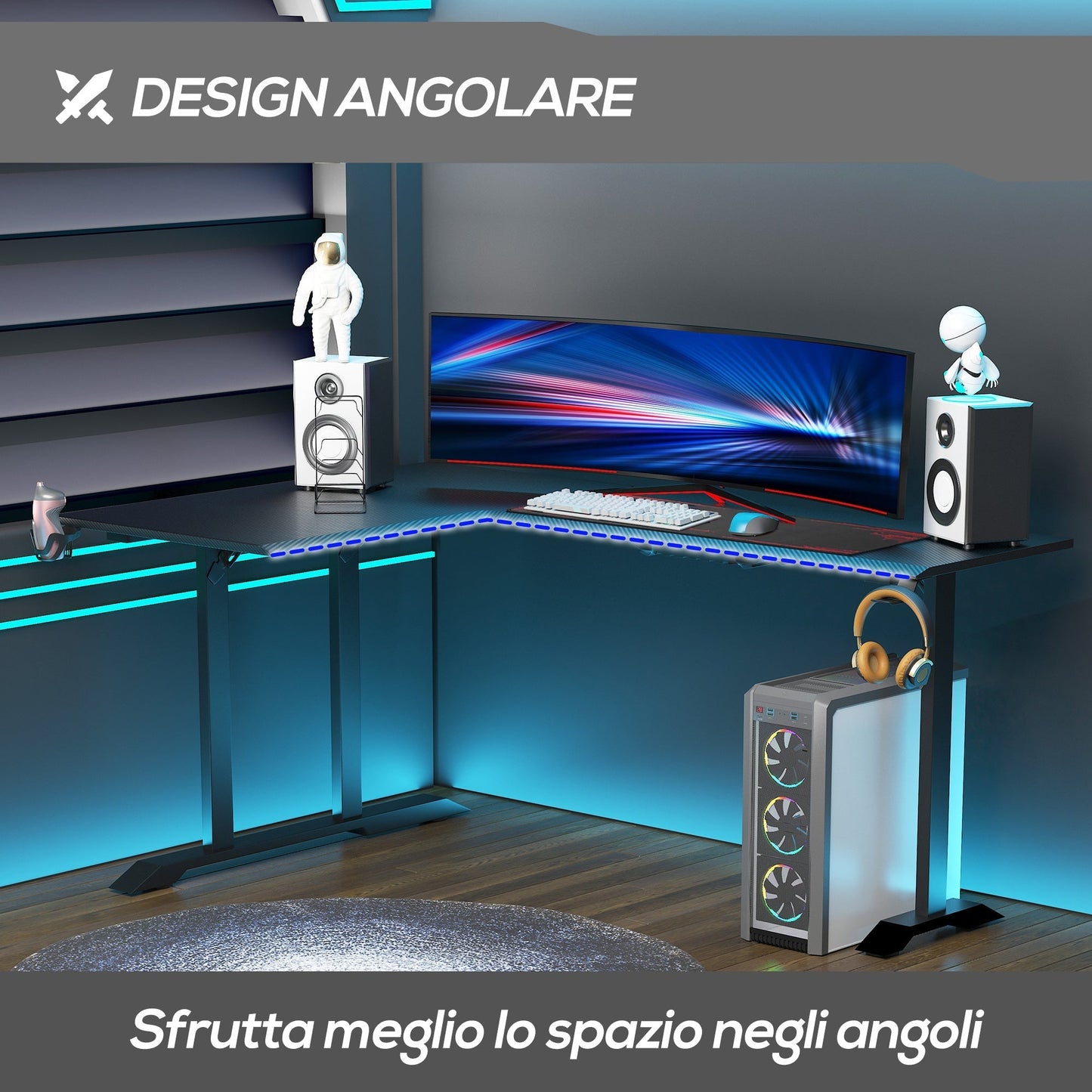 Corner Desk in Black for Gaming and Office with gamepad support and mat