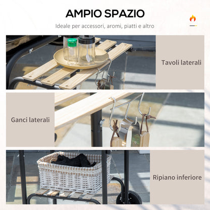 Charcoal Barbecue with Lid, Shelves and Wheels, Complete with Spatula, Tongs and Knife, Black