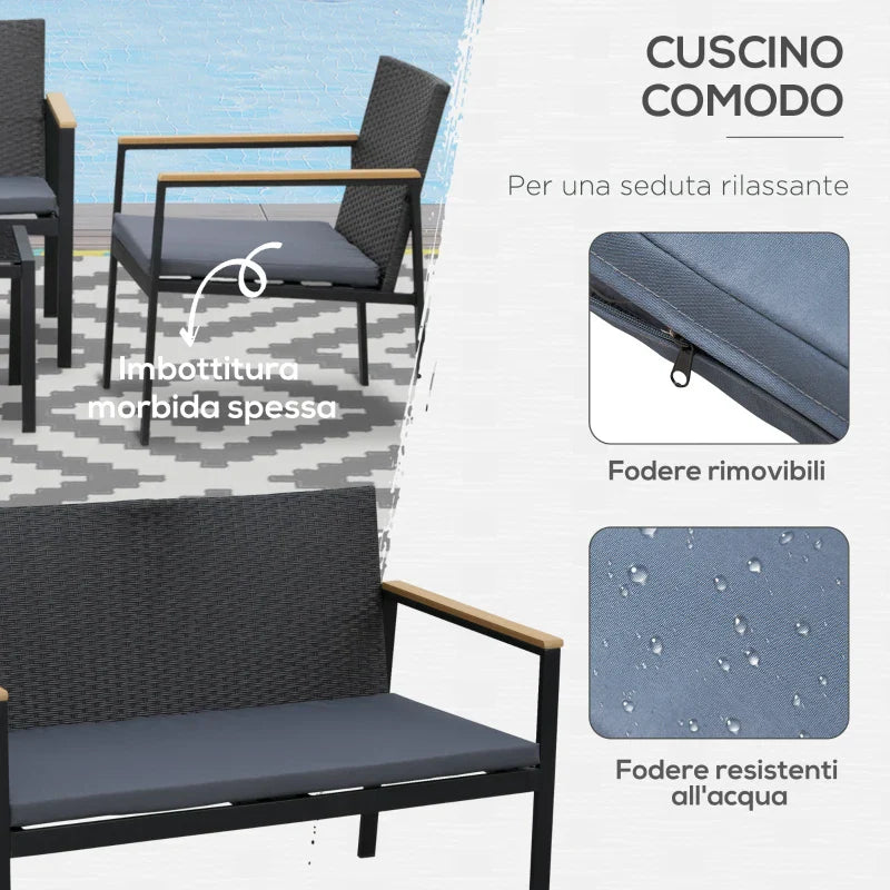 4-Piece Outdoor Lounge Set with 2 Chairs, Sofa and Coffee Table, Garden Furniture in Rattan and Black Steel