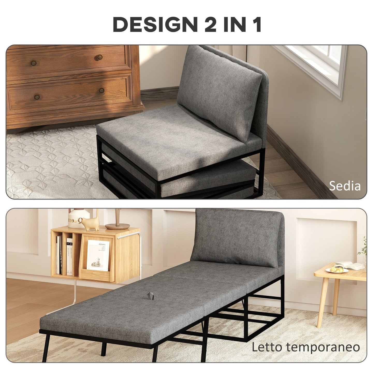 Armchair Bed with Cushion and Protective Cover, in Linen Effect Fabric and Metal, 66x70x74 cm, Grey