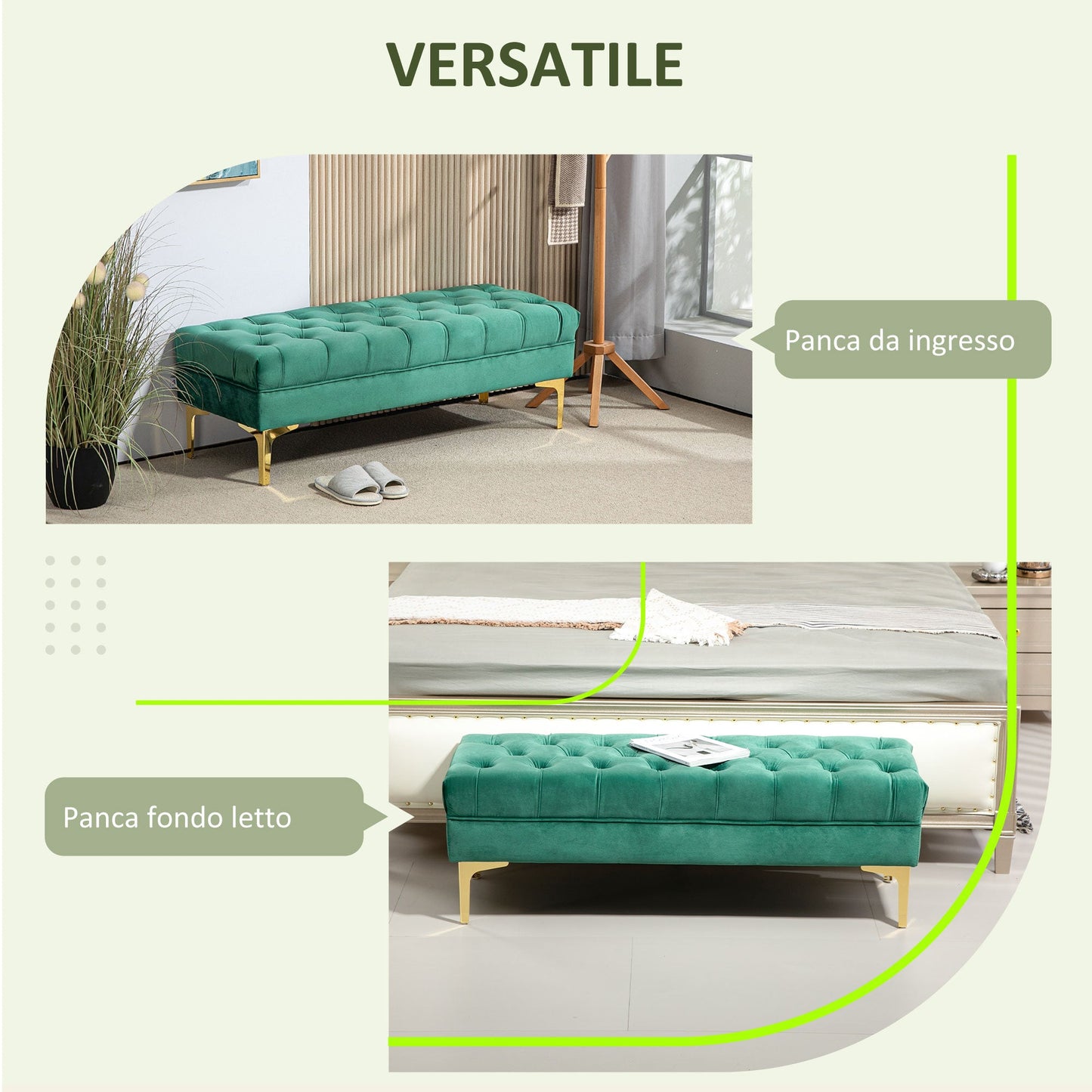 Padded Bed End Bench with Quilted Velvet Fabric Covering, 118x45x42 cm, Dark Green