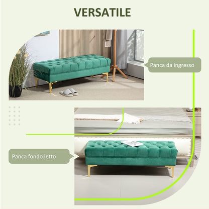 Padded Bed End Bench with Quilted Velvet Fabric Covering, 118x45x42 cm, Dark Green