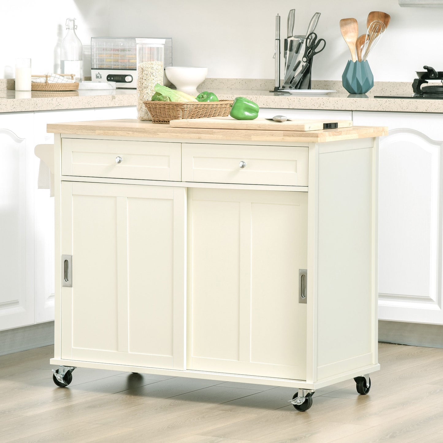 Kitchen Island for Utensils and Accessories with Drawers, Cabinet and Towel Holder, 110x49.5x89.5 cm, Cream White