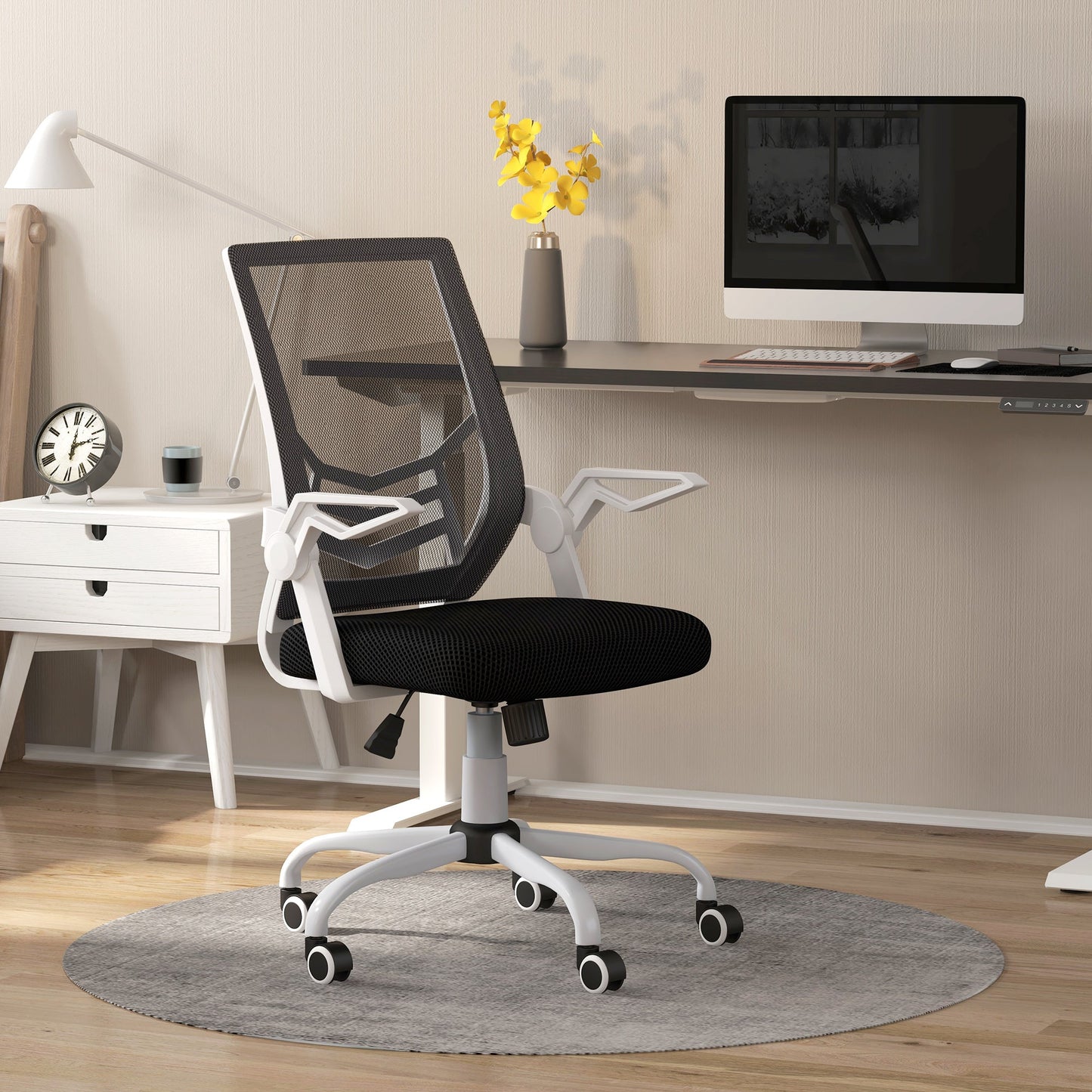 Ergonomic Office Chair with Adjustable Height, in Linen Effect Fabric, 62.5x55x94-104 cm, Black and White