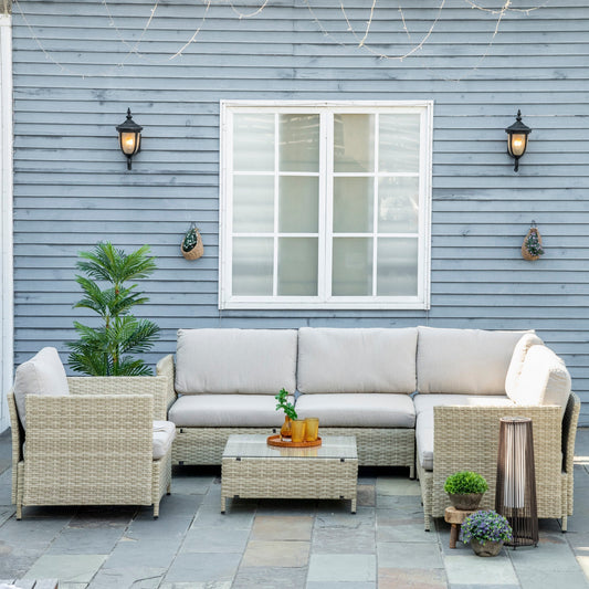 SOFIJA  - 7 Piece Modular PE Rattan Garden Lounge Set with Cushions, Beige