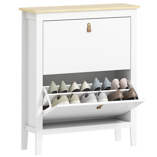 Slim Shoe Rack 2 Drawers for 14 Pairs of Shoes Size EU44 and Adjustable Shelves, 80x24x95.5cm, White