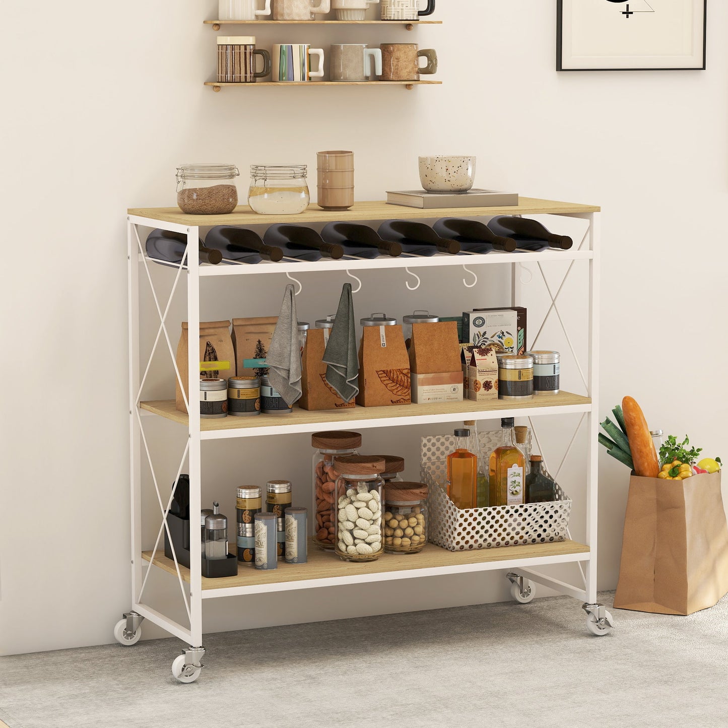 4-Tier Serving Trolley with Bottle Holder and 5 Removable Hooks, Wood and Metal, 96.5x38x96.7 cm