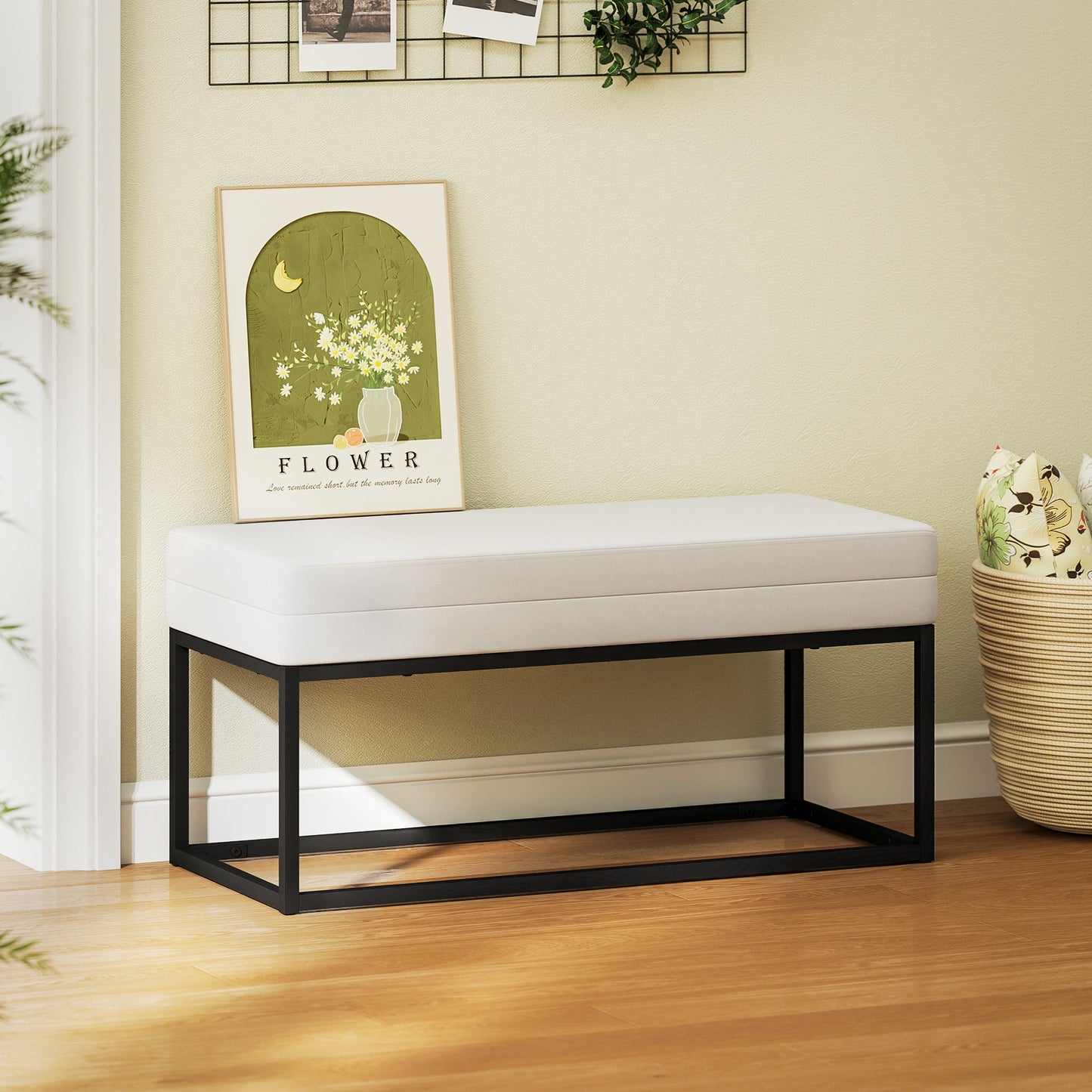 Modern Steel, Sponge and Velvet Fabric Entrance Bench with Adjustable Feet, 94x42x44 cm, Cream