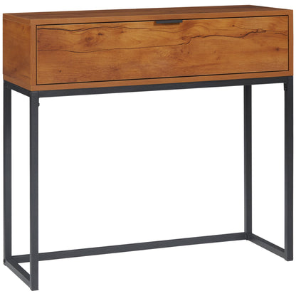 Minimalist Entryway Console Table with Drawer, Wood and Steel, 80x30x76 cm, Wood and Black Color
