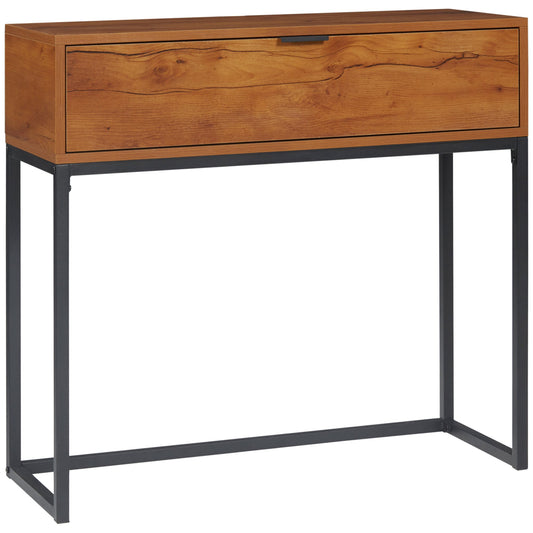 Minimalist Entryway Console Table with Drawer, Wood and Steel, 80x30x76 cm, Wood and Black Color