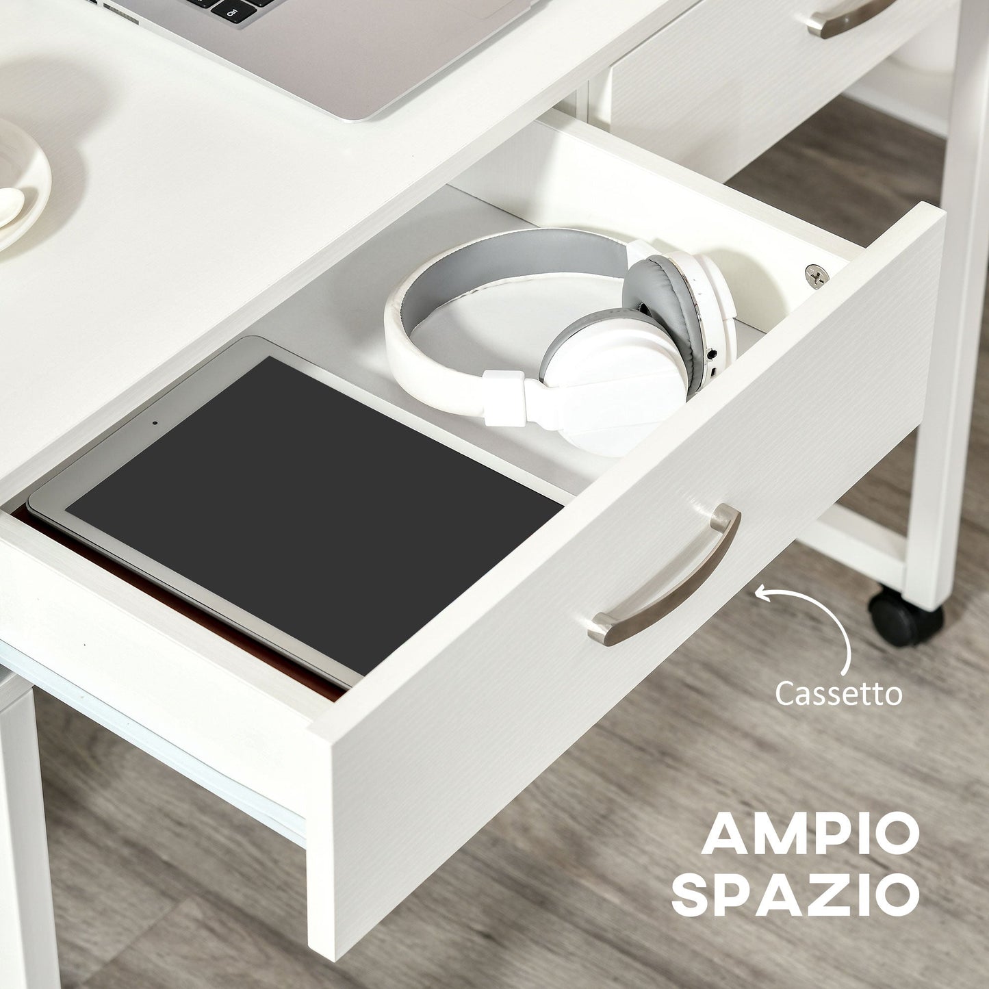 Space-Saving Desk Table for Bedroom and Office, Writing Desk with Drawers and Wheels, Double or Single Workstation, 100x36x88cm, White