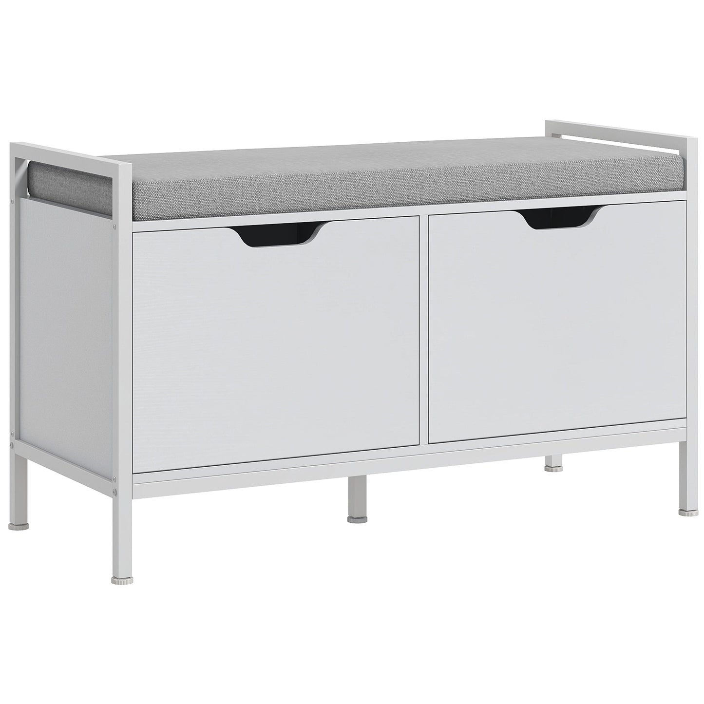 2-Tier Shoe Rack Bench with Cushion, in Linen Effect Fabric, Wood and Steel, 84x35x50 cm, White