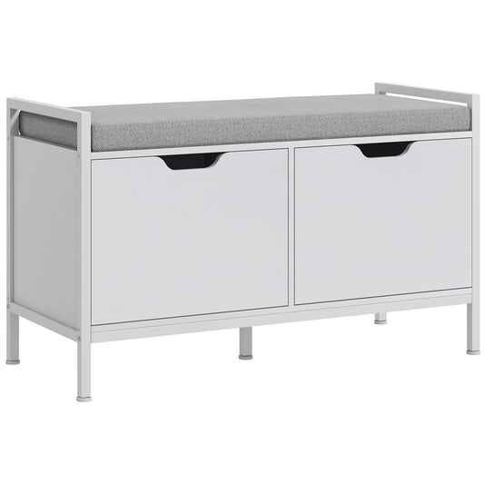 2-Tier Shoe Rack Bench with Cushion, in Linen Effect Fabric, Wood and Steel, 84x35x50 cm, White