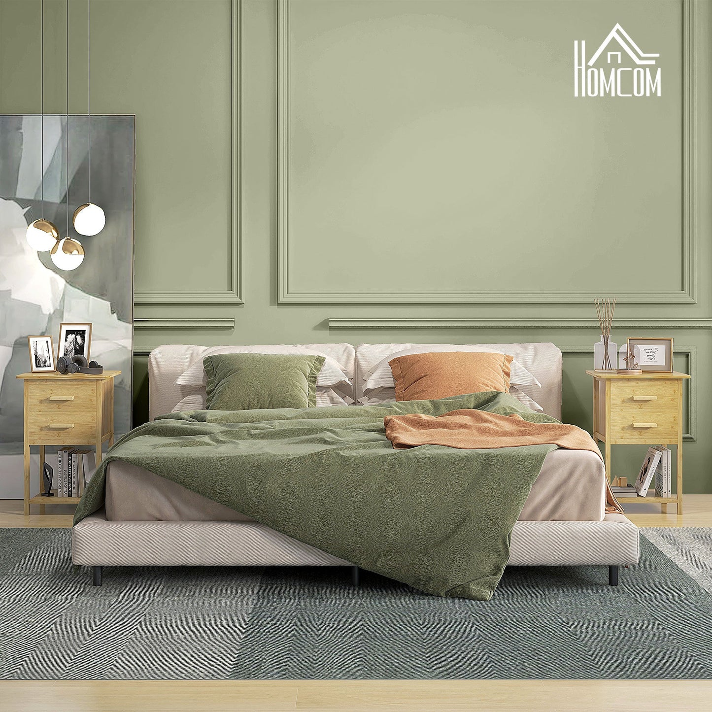 Set of 2 Nordic Style Bedside Tables with 2 Drawers and Lower Shelf, Bamboo, 40x34x60 cm