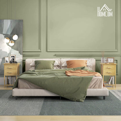 Set of 2 Nordic Style Bedside Tables with 2 Drawers and Lower Shelf, Bamboo, 40x34x60 cm