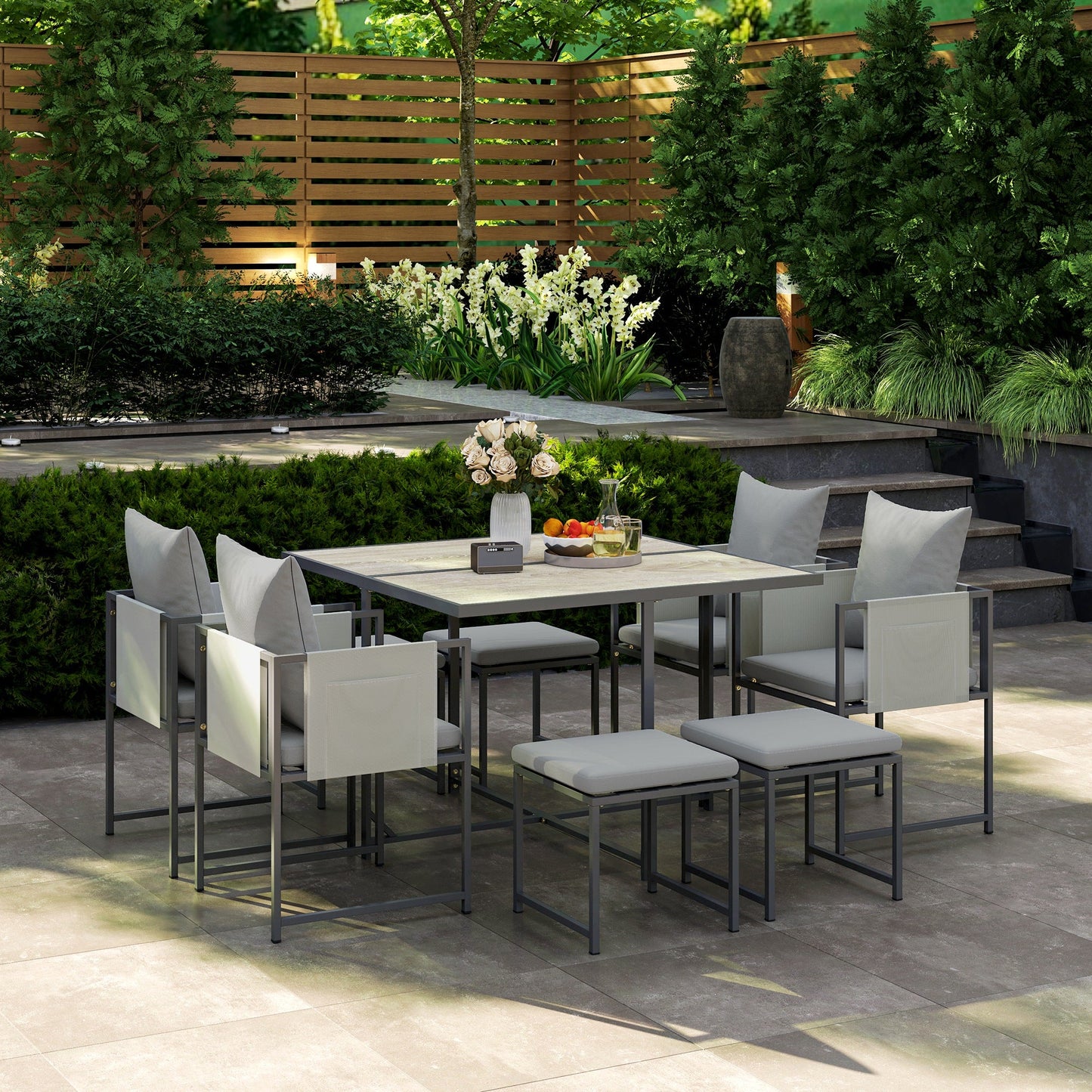 Garden Furniture Set with Dining Table, 4 Outdoor Chairs and 4 Footstools, Grey