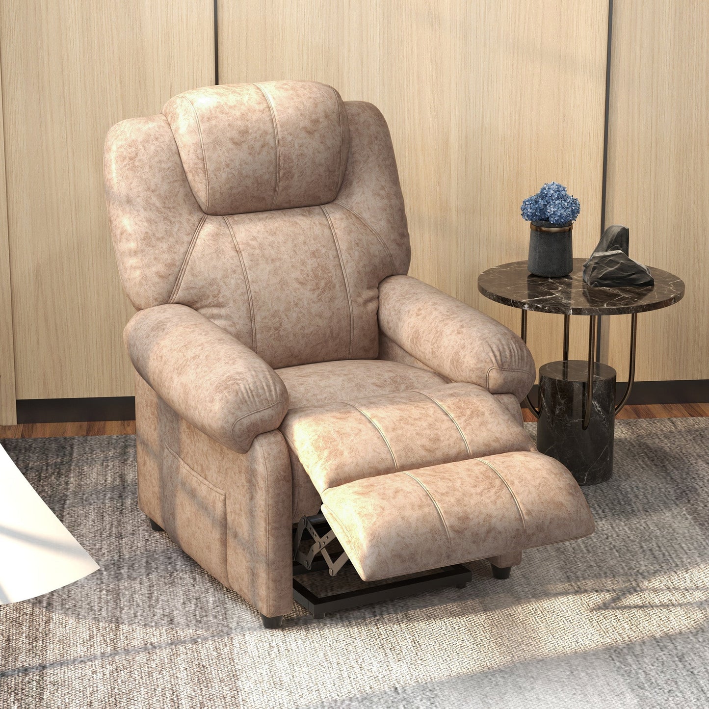 Manual Reclining Fabric Relax Chair with Removable Footrest and Side Pocket, Beige