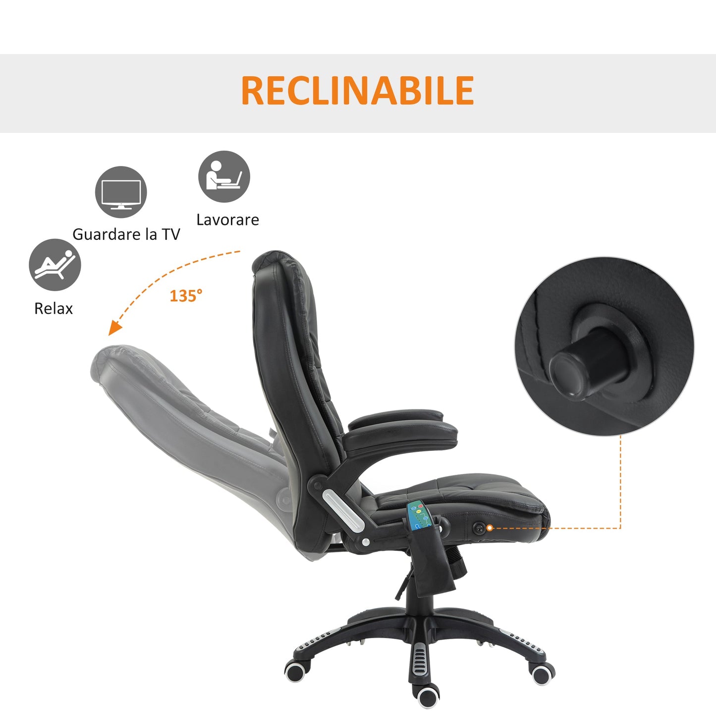 Height Adjustable Office Massage Chair with 6 Massage Points, PU, 68x72x108-118, Black