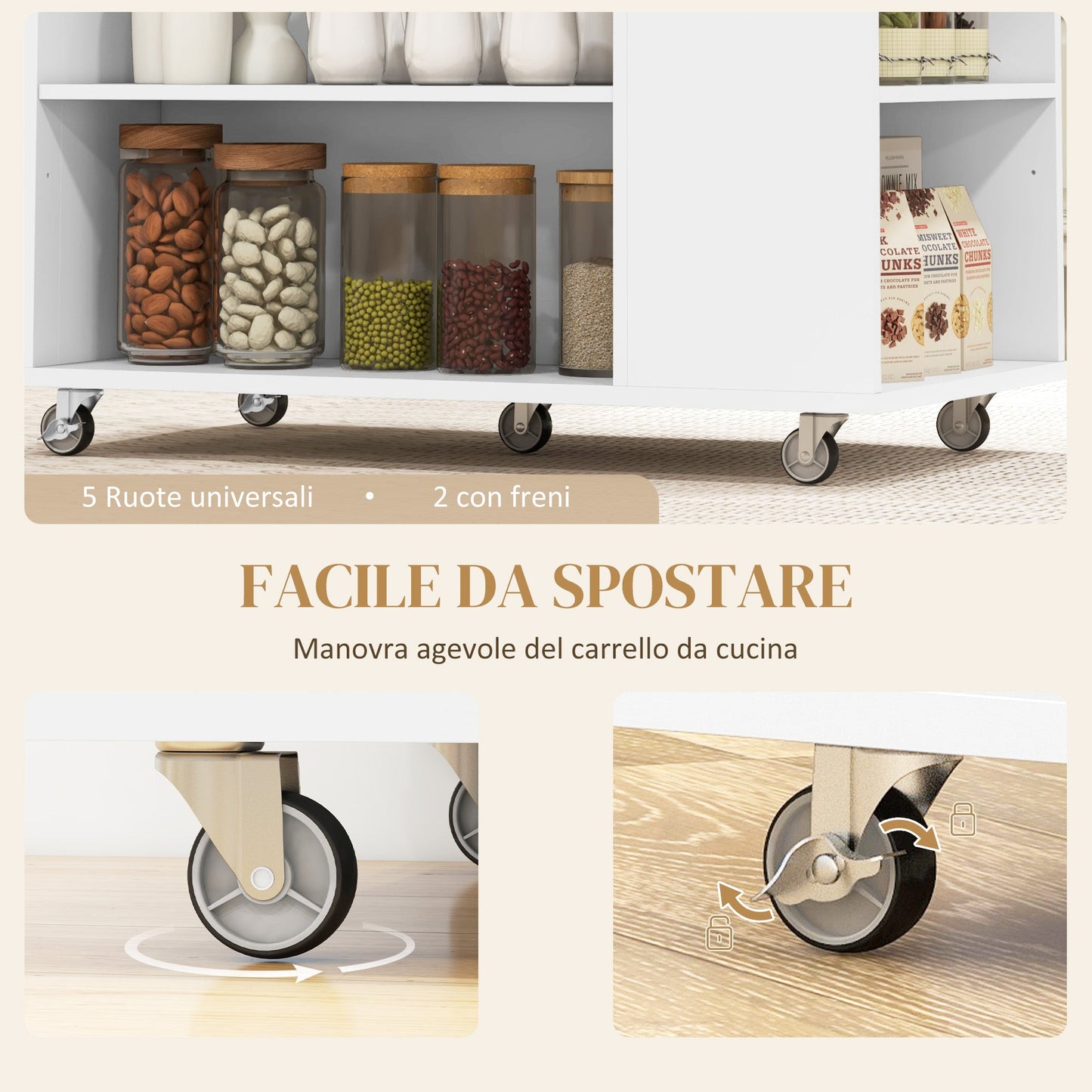 Kitchen Island Cart with Adjustable Shelves, Knife Holder and Wooden Top, 86.5x47x88 cm, White