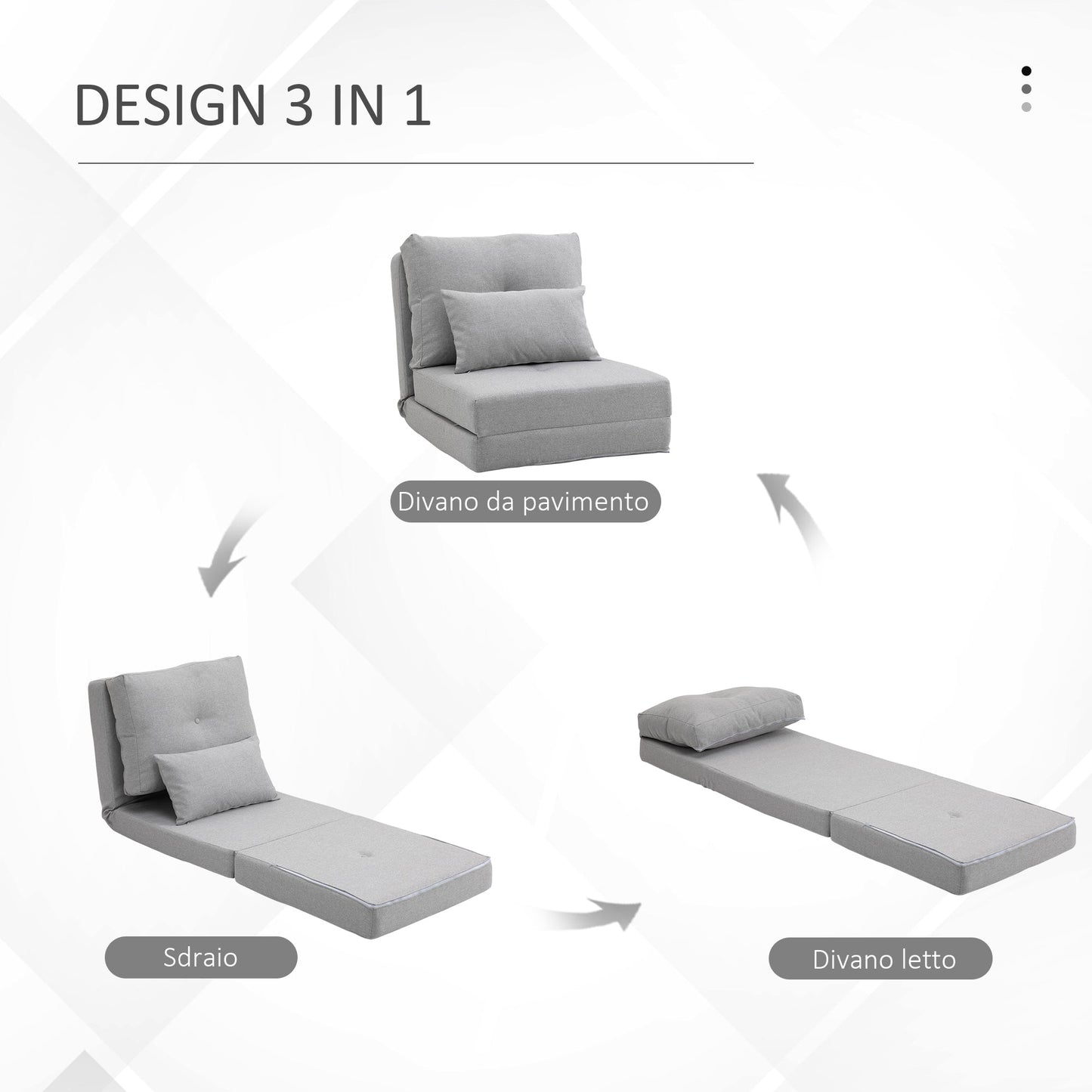 3-in-1 Sofa Bed, Convertible to a Chaise Longue and Floor Sofa with 2 Cushions, Light Grey