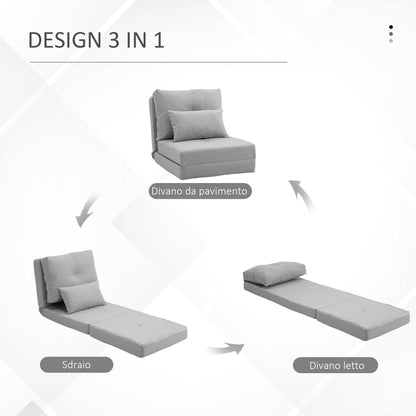 3-in-1 Sofa Bed, Convertible to a Chaise Longue and Floor Sofa with 2 Cushions, Light Grey
