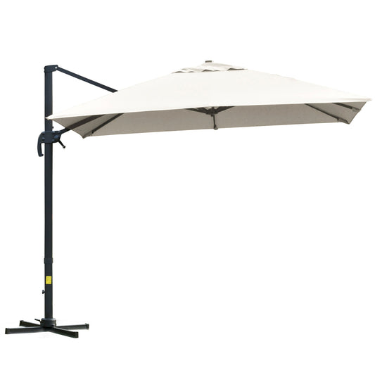 3x3m Cantilever Umbrella Tiltable with Crank and Cross Base, in Steel and Polyester, Cream White