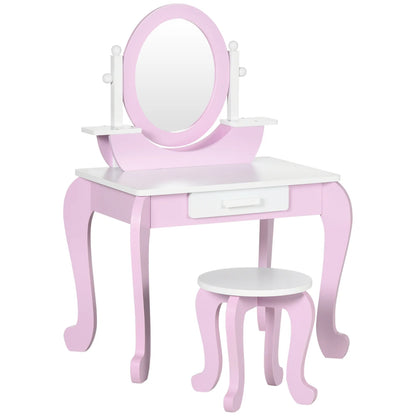 Kids Pink Vanity Table Set with Mirror & Stool