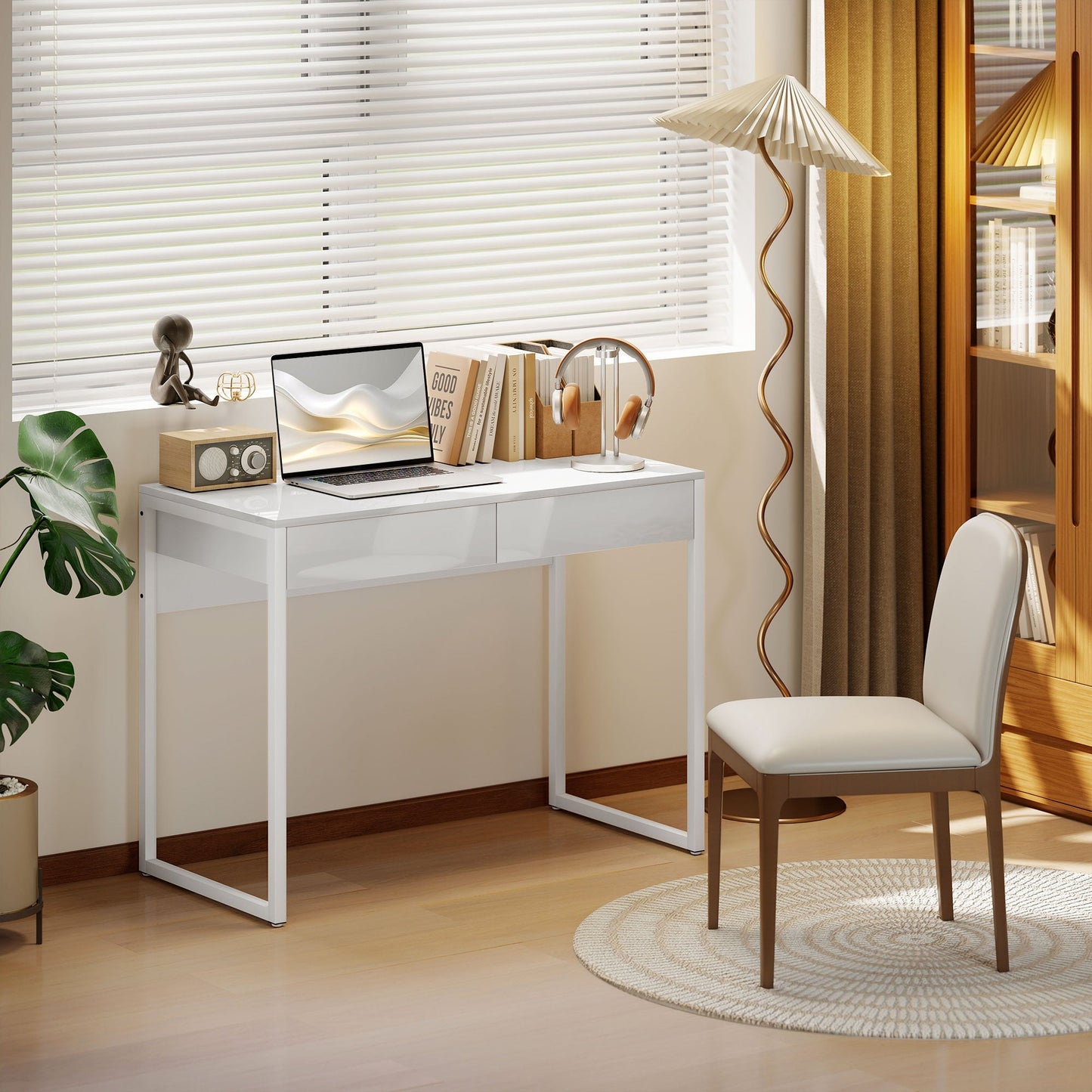 Modern Desk with 2 Drawers and Steel Legs, 100x50x75 cm, Gloss White